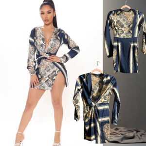 Fashion Nova Blue and Gold Mini Dress